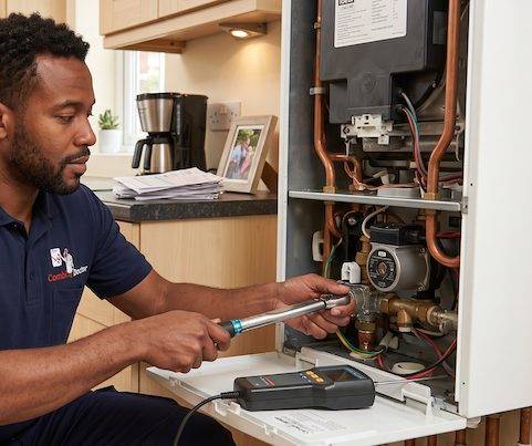 A Gas Safe registered engineer servicing a boiler